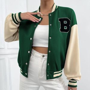 New Letter Patched Striped Trim Drop Shoulder Varsity Jacket Green 226